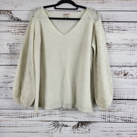 Andree Baloon Sleeve Sweater 2x Womens Plus Size White V Neck Pullover Top - Picture 1 of 9